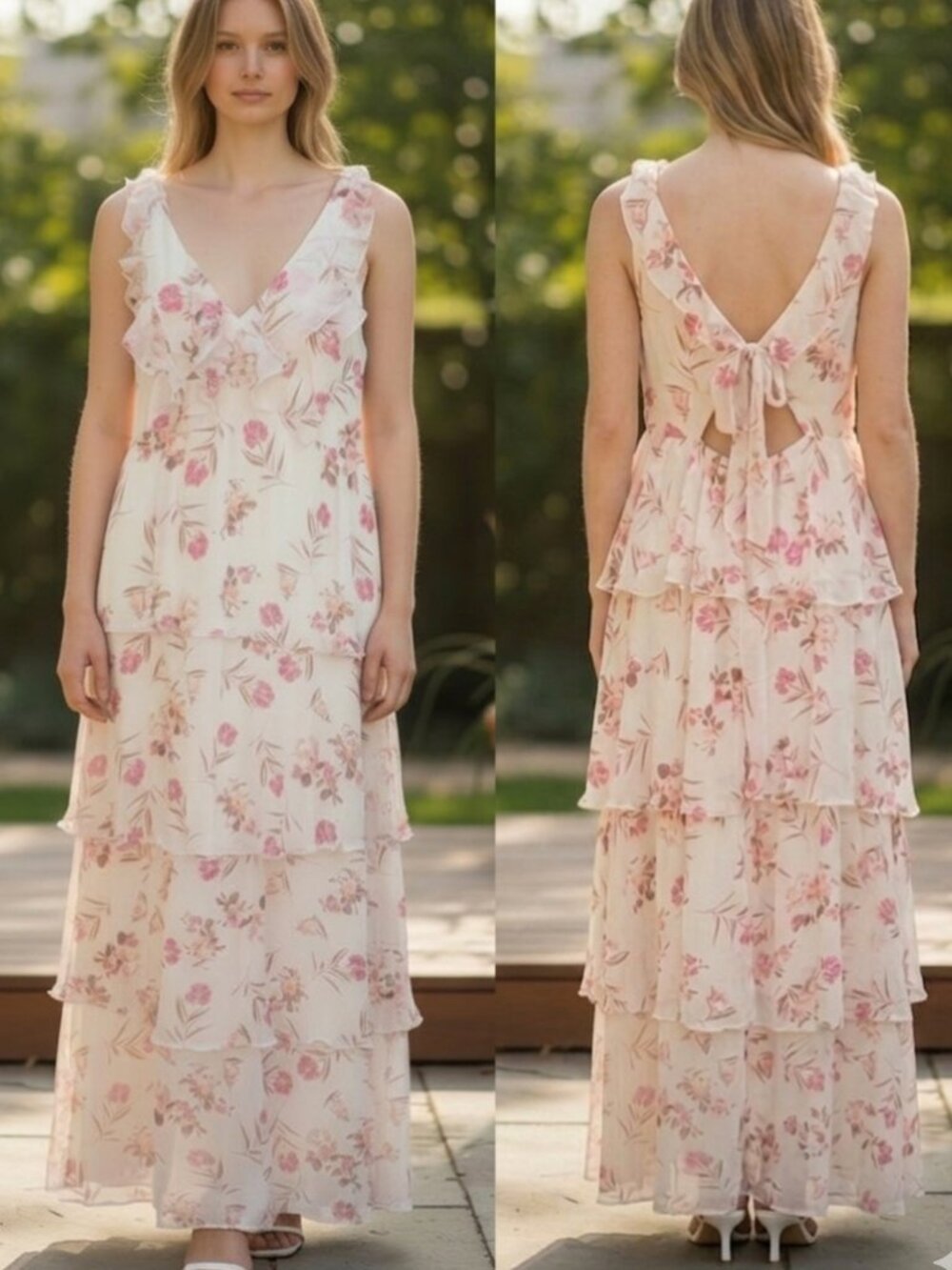 THIRTY THIRTY NWT Floral Tiered Ruffle Maxi Dress Open Back V-Neck Cream Pink